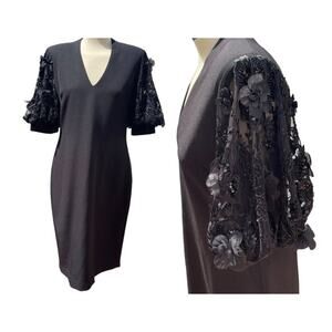 Badgley Mischka Embellished Floral Beaded Sequin Sleeves Sheath Dress Size 12